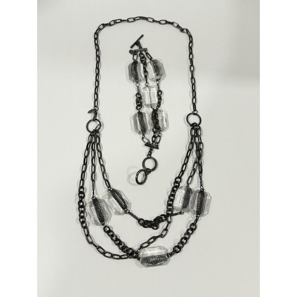 COOKIE LEE 32" Necklace & 7.5-8.5" Bracelet Set - 3 Strand Gray Chain w/Beads